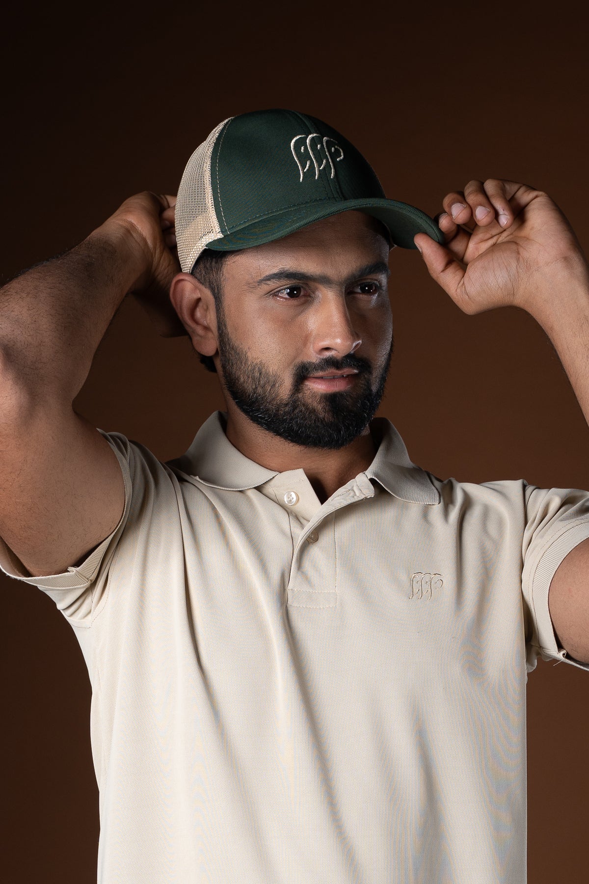 Kuruba Trucker Cap - Dry Fit & Mesh - Beige+Green