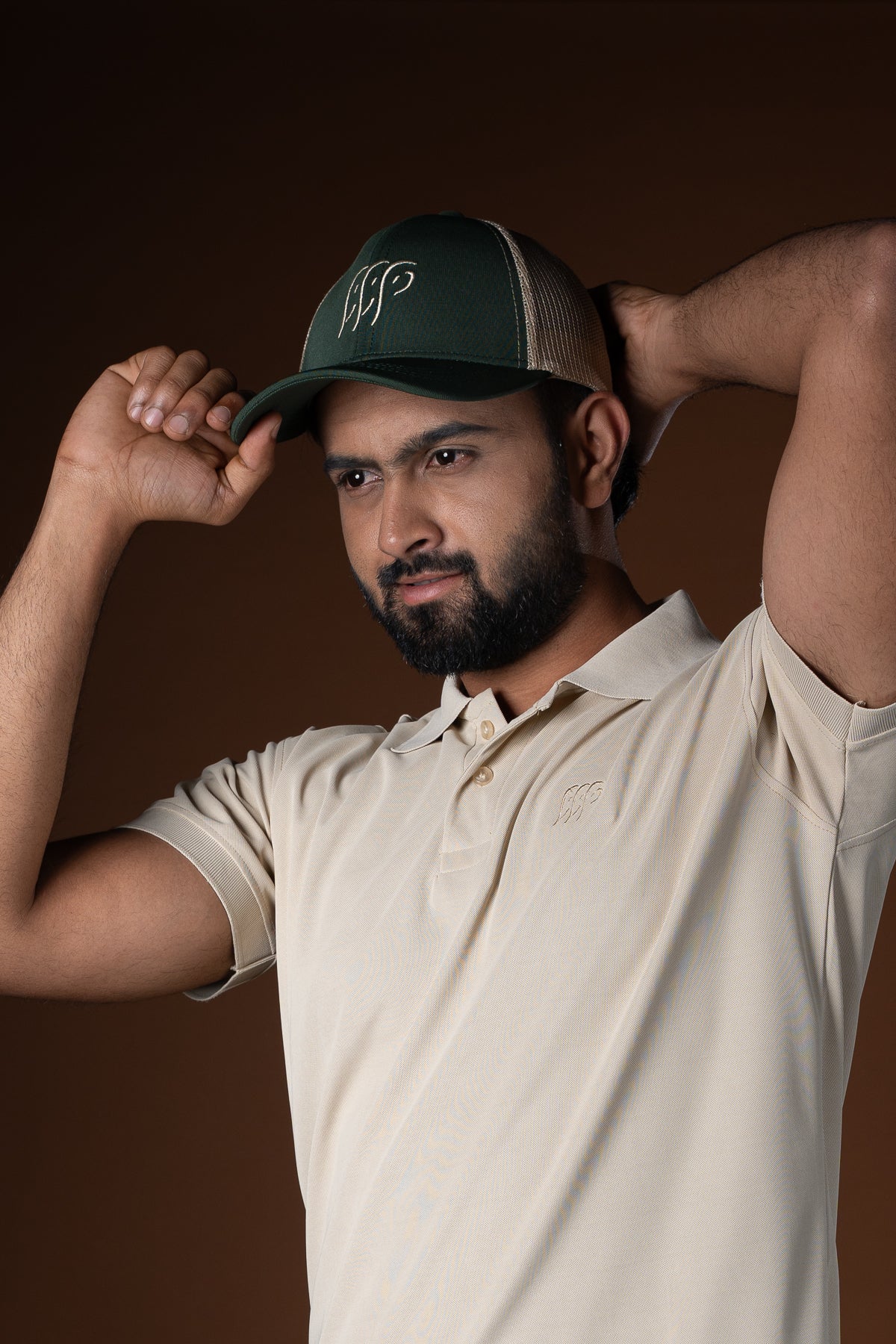 Kuruba Trucker Cap - Dry Fit & Mesh - Beige+Green