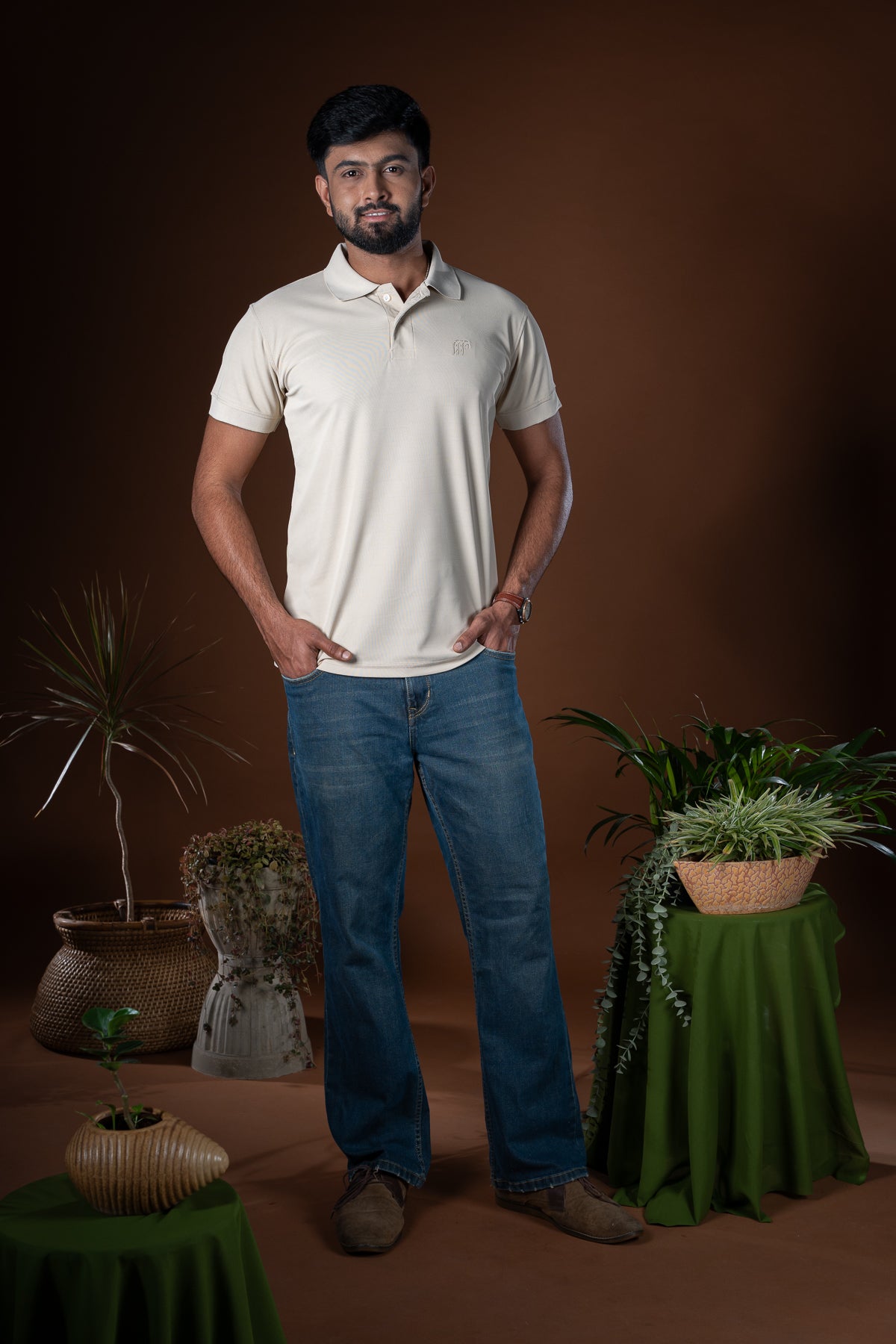 Hornbill Polo Neck T -Shirt - Cotton Beige