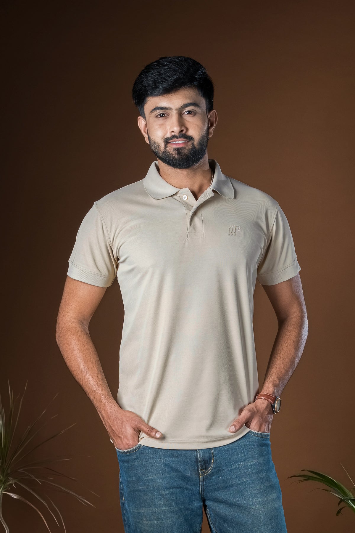 Hornbill Polo Neck T -Shirt - Cotton Beige