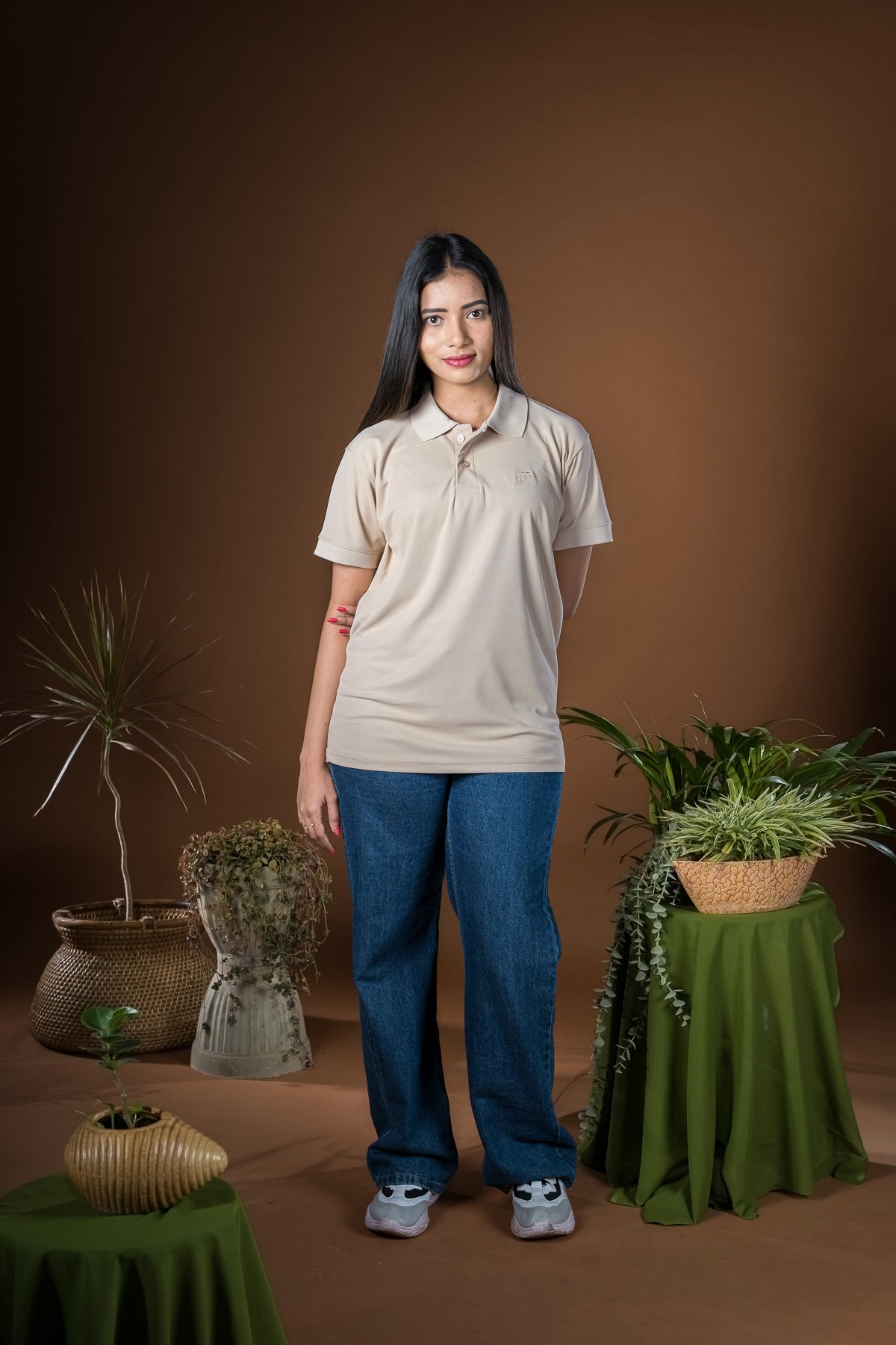 Hornbill Polo Neck T -Shirt - Cotton Beige