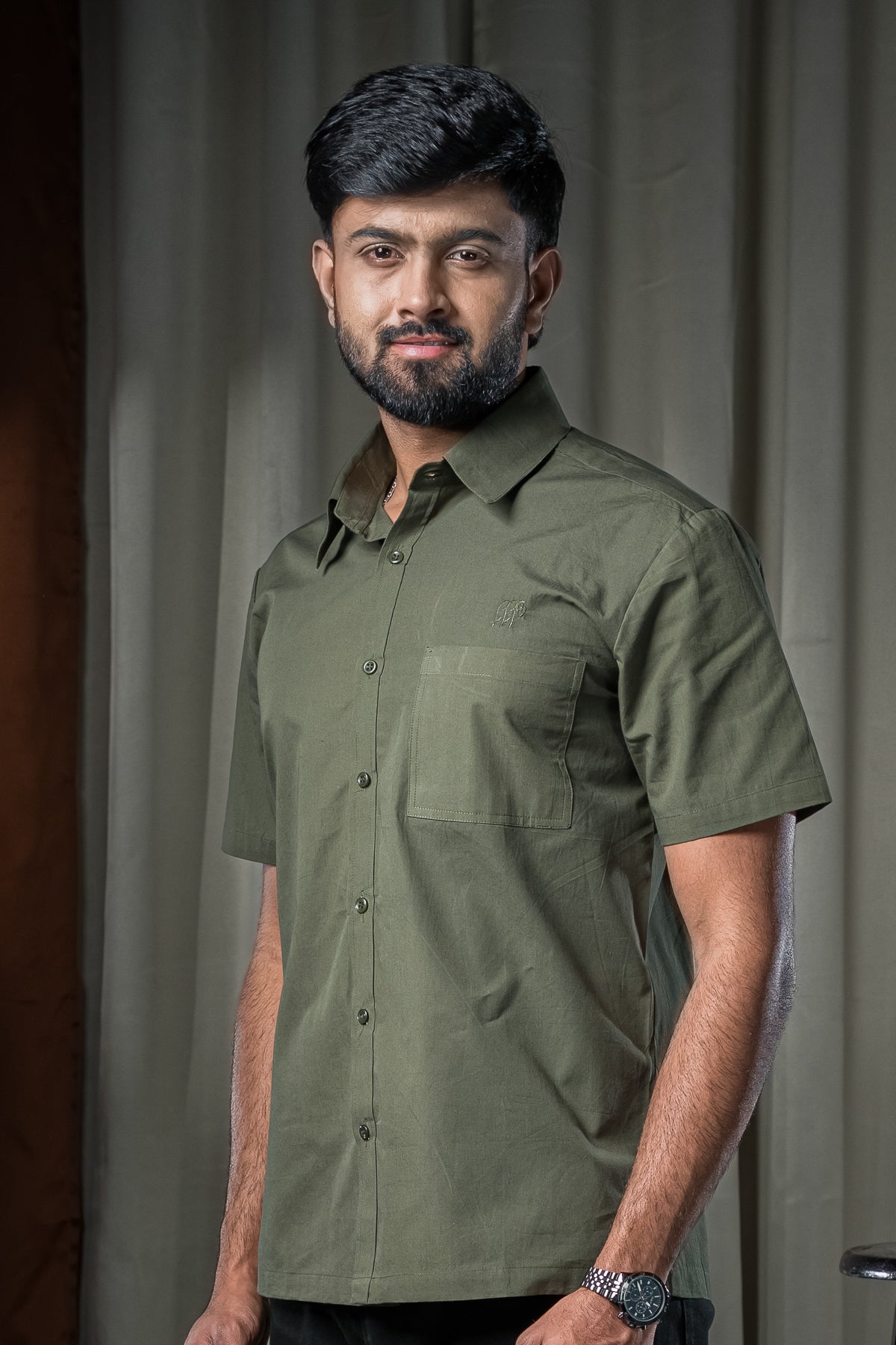 Bandipur Half Sleeve Shirt - Cotton Olive Green